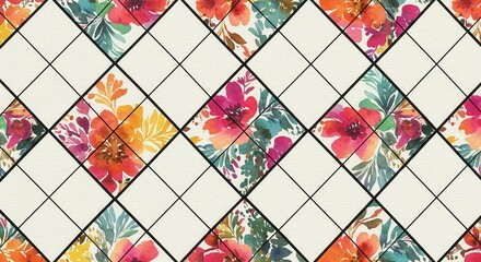 Floral watercolor diamonds form seamless botanical argyle pattern