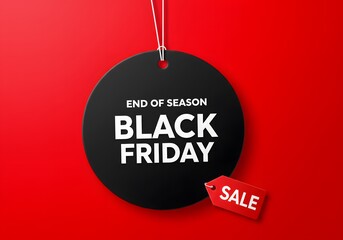 Black friday sale tag circle banner and the rope hanging on red background, hanging from white strings, a vibrant red background. A minimalist graphic design for Black Friday. large black circular tag