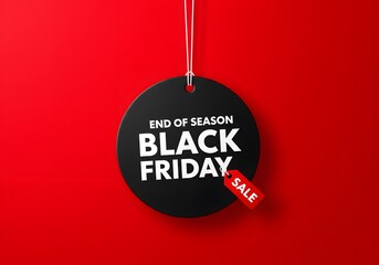 A minimalist graphic design for Black Friday, Black Friday sale tag circle banner and the rope hanging on red background, hanging from white strings, a vibrant red background.large black circular tags
