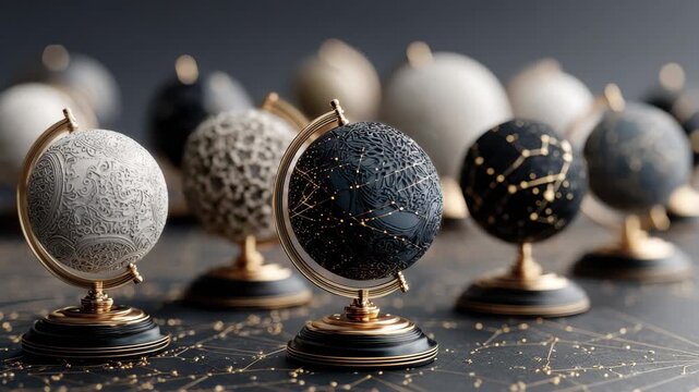 Ornate globes in gold and black designs on dark surface, 4k video footage