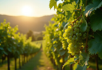 Close-Up of Green Grapes on Vines at Sunrise in the Countryside