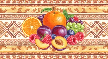 Fruit bounty on patterned ground citrus berries plums grapes  color harmony