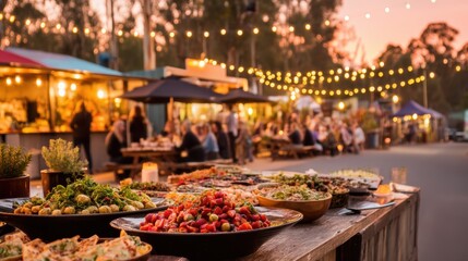 Outdoor evening food market with vibrant dishes, string lights, and people dining together in a lively, festive atmosphere
