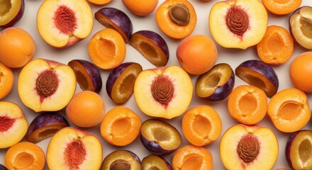 Fruitful Feast Peaches plums apricots in a vibrant display of halves