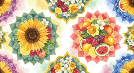 Fruity Floral Mandalas Sunflowers Berries  Watermelons