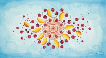 Fruity mandala berries cherries and mangoes arranged in a vibrant pattern on a watercolor background