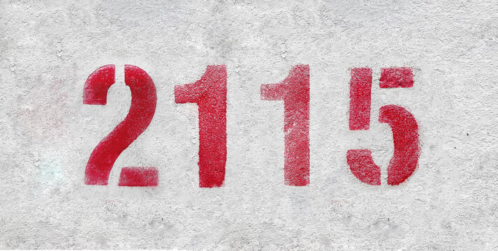 Red Number 2115 on the white wall. Spray paint.