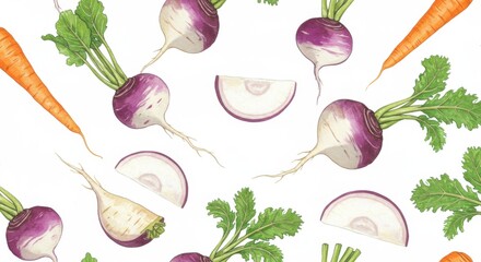 Garden Bounty Carrots  Purple Turnips Scattered on White