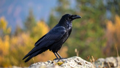 A large black bird stands on a rock against a blurred autumnal backdrop