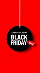 Black Friday sale tag circle banner and the rope hanging on red background, A minimalist graphic design for Black Friday. large black circular tag, hanging from white strings, a vibrant red background