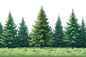 Dark Tree Clipart. Green Dense Spruce Forest in Front View, European Forest Illustration
