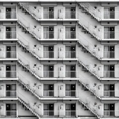 Obraz premium Monochromatic view of a multi-story building with repeating stairwells and doors