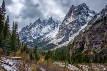Fototapeta premium Snow-capped mountains rise above a lush forest valley under dramatic, cloudy skies, creating a breathtaking, wild, and untouched natural landscape