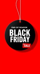 Black friday sale tag circle banner and the rope hanging on red background, hanging from white strings, a vibrant red background. A minimalist graphic design for Black Friday. large black circular tag