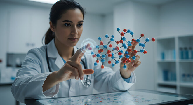 Medical researcher manipulating a molecular structure model in futuristic laboratory setting - Powered by Adobe