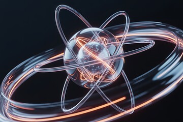Dynamic glass atom model with glowing orange light trails flowing around