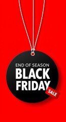 A minimalist graphic design for Black Friday, Black Friday sale tag circle banner and the rope hanging on red background, hanging from white strings, a vibrant red background.large black circular tags