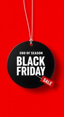 A minimalist graphic design for Black Friday, Black Friday sale tag circle banner and the rope hanging on red background, hanging from white strings, a vibrant red background.large black circular tags