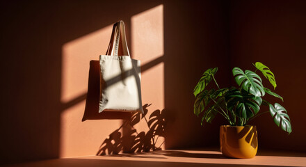 Harmonious composition showcasing a tote bag, shadows, and a vibrant monstera plant creating a