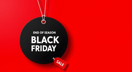 A minimalist graphic design for Black Friday. large black circular tag, hanging from white strings, vibrant red background. Black Friday sale tag circle banner and the rope hanging on red background