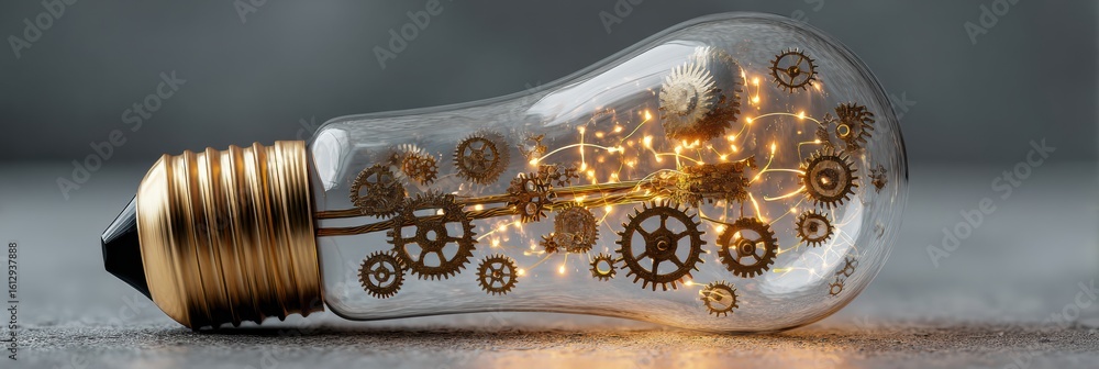 Poster minimalistic lightbulb design featuring intricate gears and nanowires showcasing innovation and crea