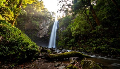 Lush waterfall cascading down a rocky cliff in a dense forest (2)
