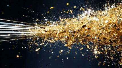 Dynamic explosion of sparkling gold particles and glitters on dark background