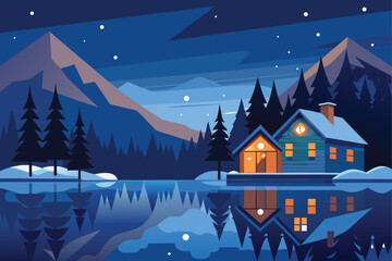 Winter Night Cabins in Pine Forest with Mountain View