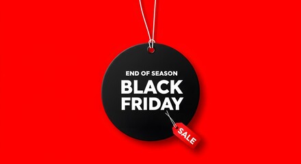 Black friday sale tag circle banner and the rope hanging on red background, A large black circular tag, hanging from white strings, vibrant red background. minimalist graphic design for Black Friday.