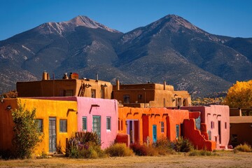 Colorful adobe buildings against a mountain backdrop
