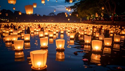 A breathtaking view of a floating lantern festival at night, where glowing lights illuminate the water, symbolizing hope and peace.