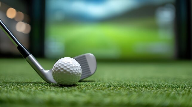 A golf club is positioned behind a golf ball on artificial turf, ready for a shot with a blurred virtual golf course in the background - Powered by Adobe