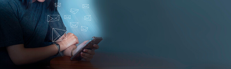Email Marketing Concept. Woman Using Smartphone to Open Many Emails.