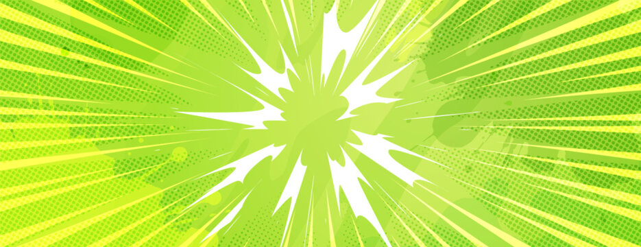 Anime explosion radiating bright green energy beams outward from center. Comic style burst with dynamic motion, sharp rays on bright halftone background for manga battle scenes and superhero action.