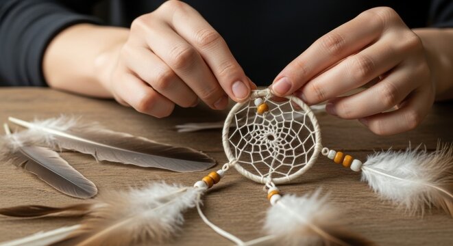 Caucasian female crafting dreamcatcher with feathers and beads on wood surface