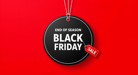 A minimalist graphic design for Black Friday, Black Friday sale tag circle banner and the rope hanging on red background, hanging from white strings, a vibrant red background.large black circular tags