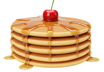 Isolated Stack of Pancakes with Syrup and Cherry