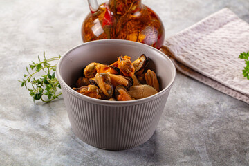 Peeled mussels heap in the bowl