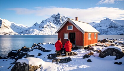 Couple in red jackets relaxing by a traditional Norwegian cabin on a snowy fjord shore with dramatic mountain views.