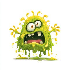 Disinfection Cartoon: Funny Green Monster Character with Slime in Isolated Environment