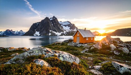 A traditional orange cabin on the rocky shore of a majestic fjord in Norway, illuminated by a spectacular sunrise over snow-capped mountains.