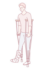 A determined young man using crutches and wearing a leg cast, representing the themes of recovery and resilience