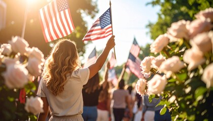A patriotic woman proudly waves a small American flag during a sunny community parade on a national holiday.