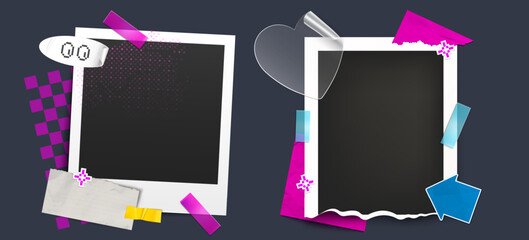 Y2K photo frames with colorful decorative elements - retro instant snapshots with heart shapes, pixel sticker, tapes. Nostalgic millennial design for scrapbooking or digital memory collage layouts.