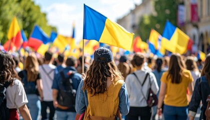 Rear view of a large crowd marching in a street protest. People are holding national flags in a demonstration of unity and support.