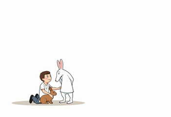 Boy playing with cartoon rabbit in a simple, white background  