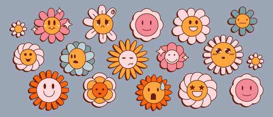 Retro groovy daisy flowers with cartoon faces showing different emotions - happy, sad, surprised expressions in pink, orange, blue pastel colors for hippie style stickers, prints or 70s decorations.