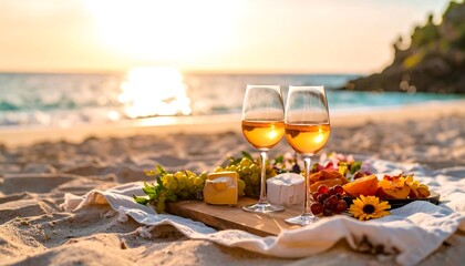 Romantic beach picnic at sunset