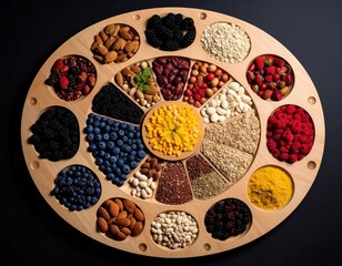 Circular Wooden Tray Displaying Assorted Nuts Berries Seeds and Yellow Flowers on Black Background.