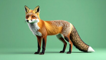 A realistic red fox, digitally rendered, stands against a muted green background